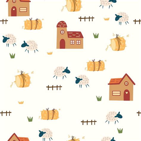 Farm seamless pattern. Landscape background with Sheep, haystacks and ...