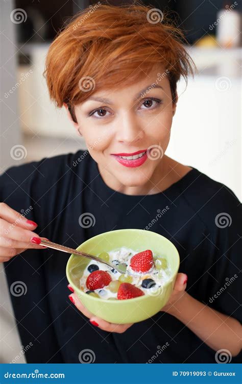 Smiling Young Woman Eating Fresh Fruits Stock Image Image Of Making