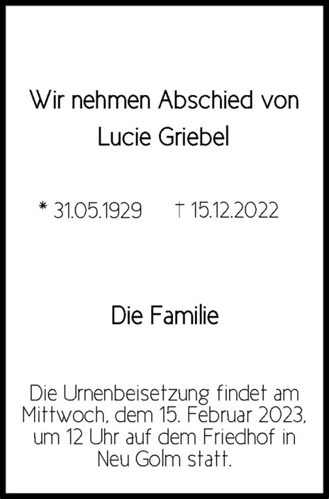 Traueranzeigen Von Lucie Griebel M Rkische Onlinezeitung Trauerportal