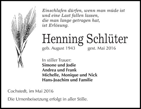 Traueranzeigen von Henning Schlüter abschied nehmen de