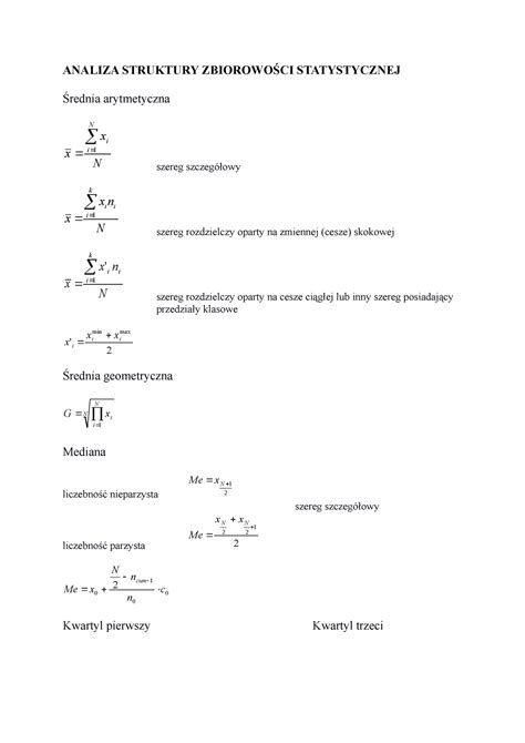 Wzory na statystykę opisową ANALIZA STRUKTURY ZBIOROWOŚCI