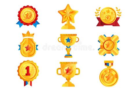 Gold Awards Set Various Trophy And Prize Emblems Golden Shield Medal