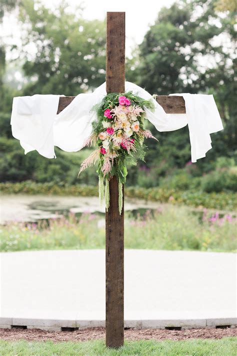 Wooden Ceremony Cross With Pink And Green Flowers