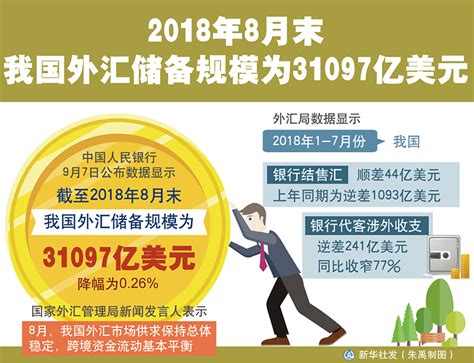 图表：2018年8月末我国外汇储备规模为31097亿美元图解图表中国政府网