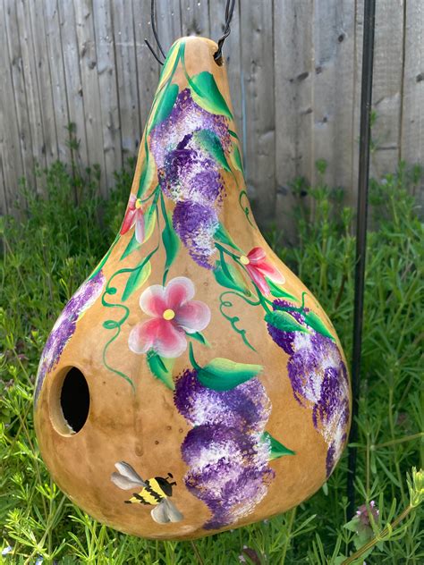 Natural Birdhouse Gourd Handpainted With Flower And Bees Etsy