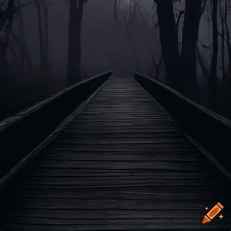 Eerie Liminal Space With A Narrow Wooden Bridge Leading Into Darkness