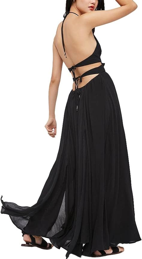 Damen Boho Sommerkleid V Ausschnitt Rückenfrei Spaghetti Trägern Lang Strandkleid Maxikleid