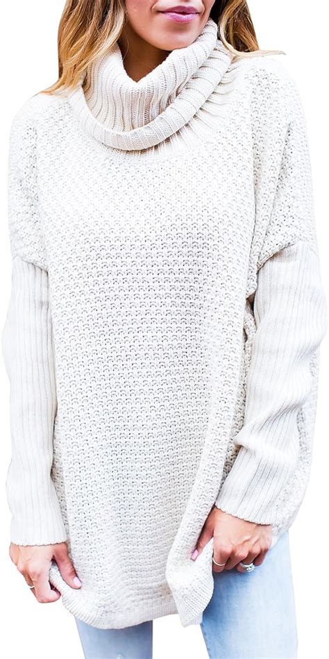 Womens Long Sleeve Sweaters Knitted Cowl Neck Loose Fit Oversized Pullovers Tops Cream At Amazon