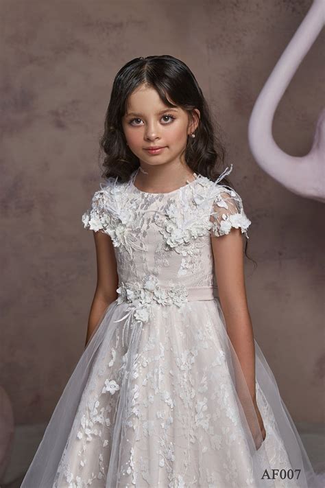 Long Flower Girls Dress In Soft Tulle With Short Sleeves Mia Bambina