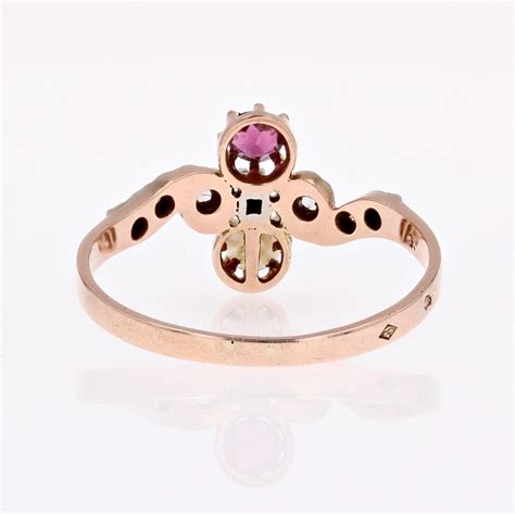 French Th Century Garnet Fine Pearl Diamonds K Rose Gold Ring