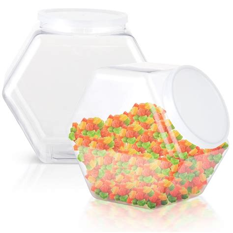 129oz Plastic Candy Jars, 2 Packs Hexagon Cookie Jars with Snap-On Lid, Clear Candy Containers ...