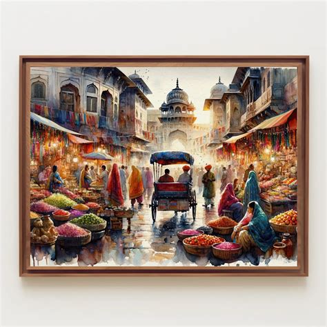 Indian Bazaar Painting, Framed Canvas Print, Spices Herbs Market ...