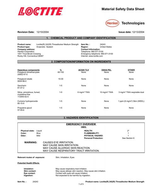 LOCTITE 242 MSDS PDF