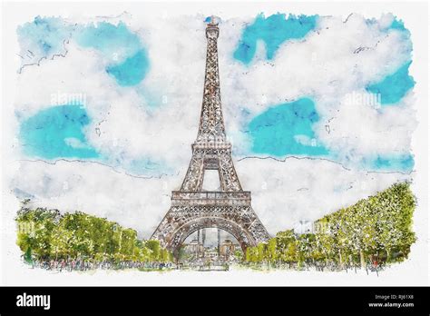 Paisaje Acuarela Dibujo De La Torre Eiffel En Par S Capital De