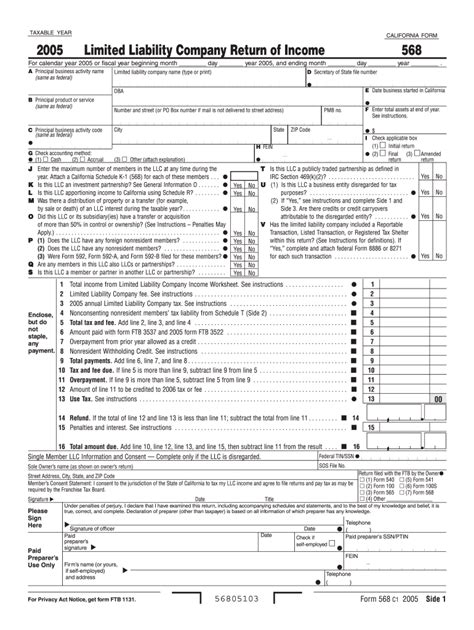 Fillable Online 2005 Limited Liability Company Return Of Income California Form 568 Ftb Ca