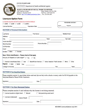 Fillable Online Dhmh Maryland LicensureOptionsForm DHMH Dhmh