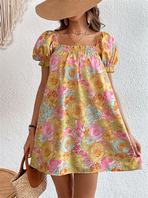 Shein Wywh Vestido Con Estampado Floral De Manga Farol De Cuello