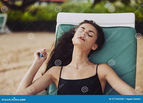 Sand Woman Sea Beach Sunbed Chair Lying Resort Beach Ocean Smiling