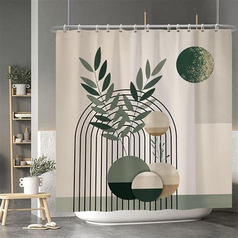 Mid Century Bohemia Shower Curtain Green Moon Leaves Shower Curtain For