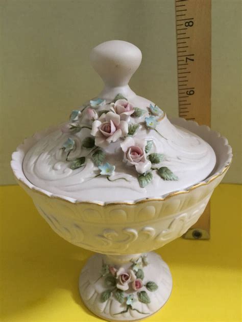 Lefton Hand Painted Pink Roses Pedestal Candy Dish With Lid Etsy