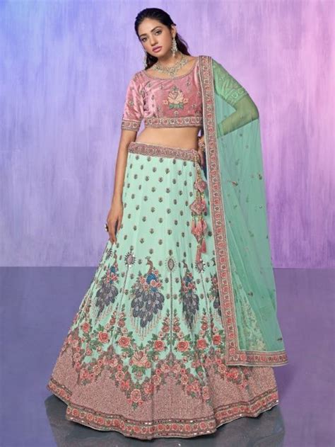 Buy Turquoise Embroidered Velvet Lehenga Choli With Dupatta Online At