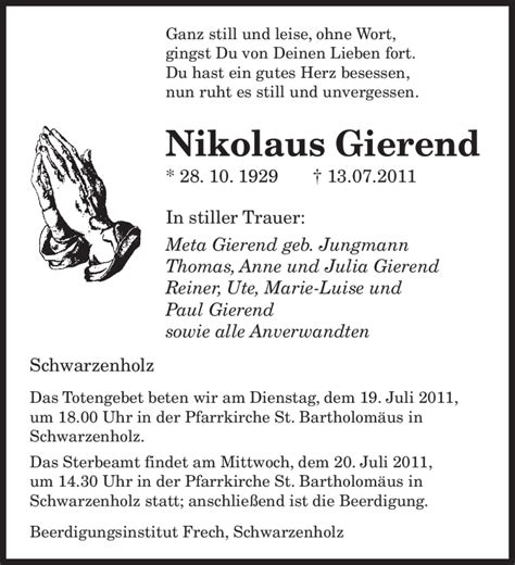 Traueranzeigen Von Nikolaus Gierend Saarbruecker Zeitung Trauer De