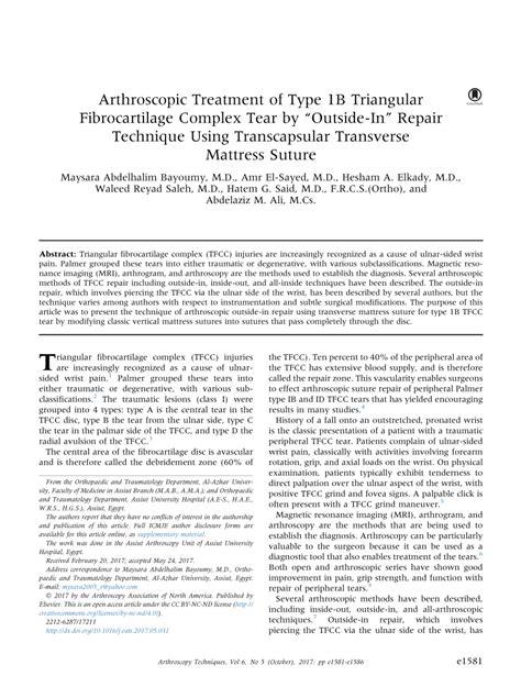 Pdf Arthroscopic Treatment Of Type 1b Triangular Fibrocartilage Complex Tear By Outside In