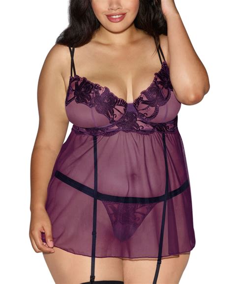 Dreamgirl Plus Size Sheer Mesh Babydoll Set Plum Black Lingerie Set