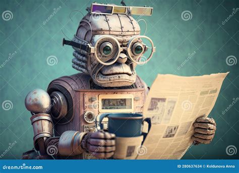 Studio Photo Portrait Of A Very Old Robot Wearing Glasses And Reading