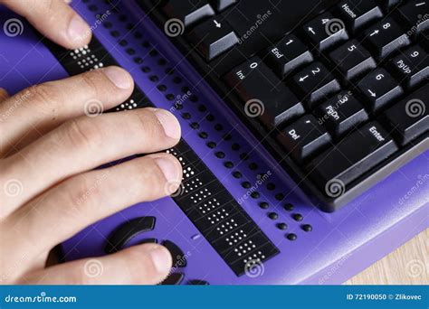 Blind Person Using Computer With Braille Computer Display Stock Photo