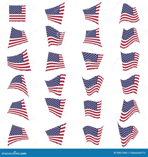 American Flag Set American Flag Blowing In The Wind Stock Vector