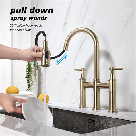 Aquacubic Cupc Brushed Gold Bridge Kitchen Faucet With Pull Down