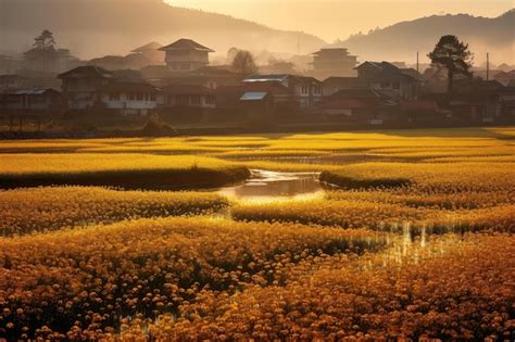 Premium Ai Image Saffron Fields Bathed In Golden Sunlight At Dawn