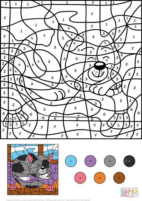 Sleepy Cat Color By Number Free Printable Coloring Pages