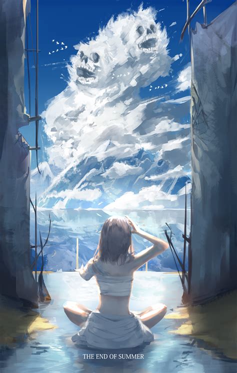 Safebooru 1girl Amputee Arms Up Bandage Bare Shoulders Bird Blue Sky Brown Hair Clouds