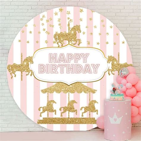 Aperturee Gold Glitter Carousel Pink Round Birthday Backdrop Birthday