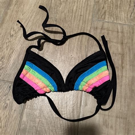 Black With Neon Stripes Bikini Top Only Random Depop