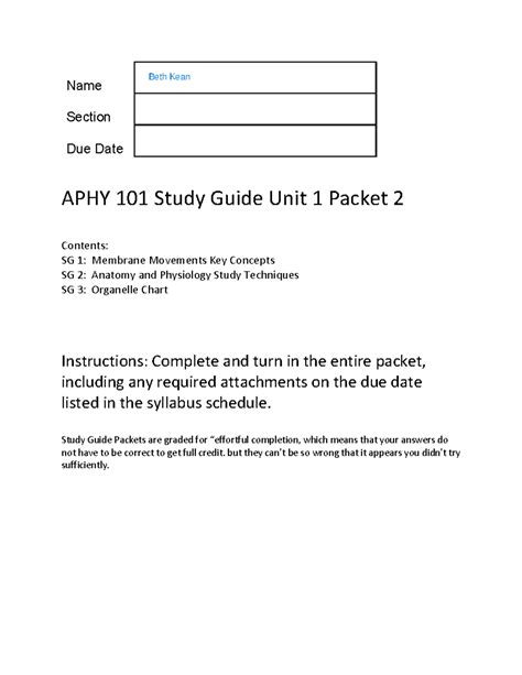 APHY101 Study Packet 1 2 Name Section Due Date APHY 101 Study Guide