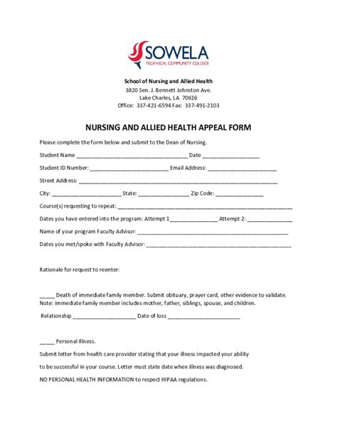 Fillable Online Nursing And Allied Health Appeal Form Fax Email Print