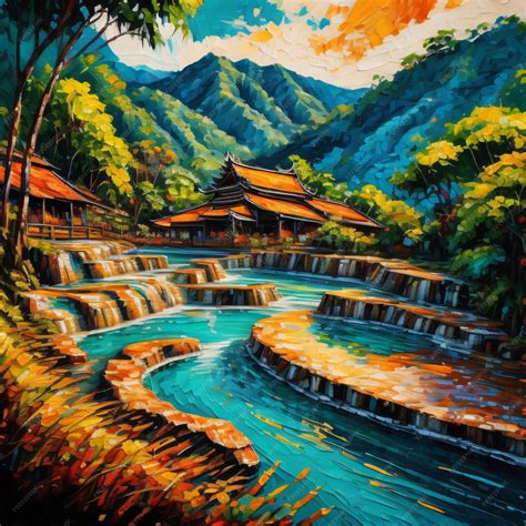 Premium Photo | A painting of a waterfall with a waterfall in the ...