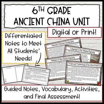 Ancient China 6th Grade Unit Guided Notes Vocab Activities Assessment