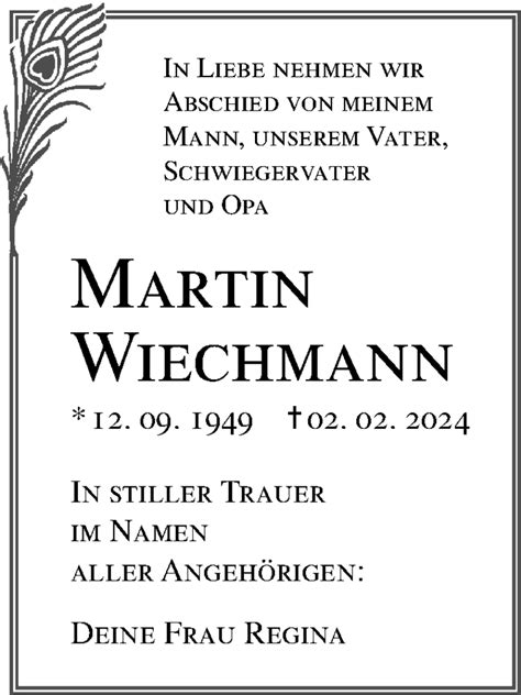 Traueranzeigen Von Martin Wiechmann Trauer Anzeigen De