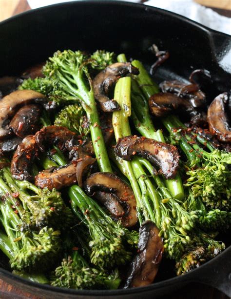 Roasted Broccolini With Mushrooms In Balsamic Sauce Season With Spice