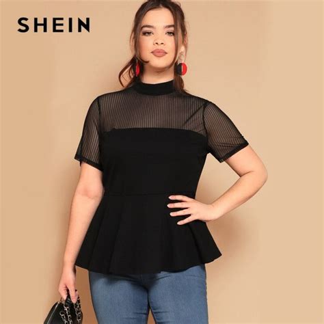 Shein Plus Size Black Striped Mesh Yoke Peplum Top Blouse 2019 Women