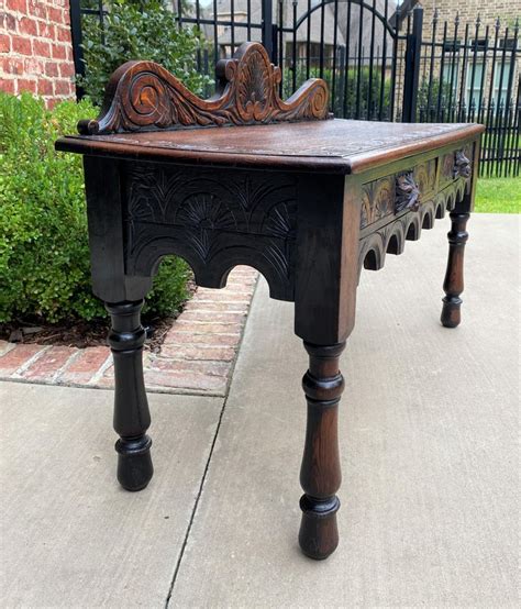 Antique English Window Seat Bed Bench Gothic Revival Carved Oak 2 Drawers c.1900 For Sale at 1stDibs