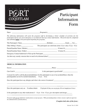 Fillable Online Participant Information Form Dates Program S The