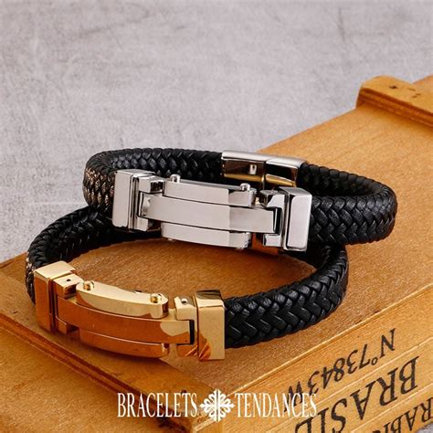 Bracelet Homme Luxe Cuir Noir Plaque Titane Or Bracelets Tendances