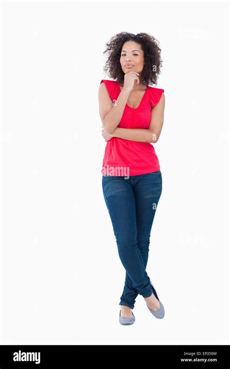 Thoughtful Brunette Placing Her Fingers On Her Chin Stock Photo Alamy