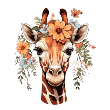 Hand Drawn Portrait Of Giraffe With Christmas Flowers Vector Funny