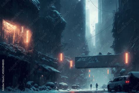 Cyberpunk Post Apocalyptic Dystopian Winter City Narrow Street Neon